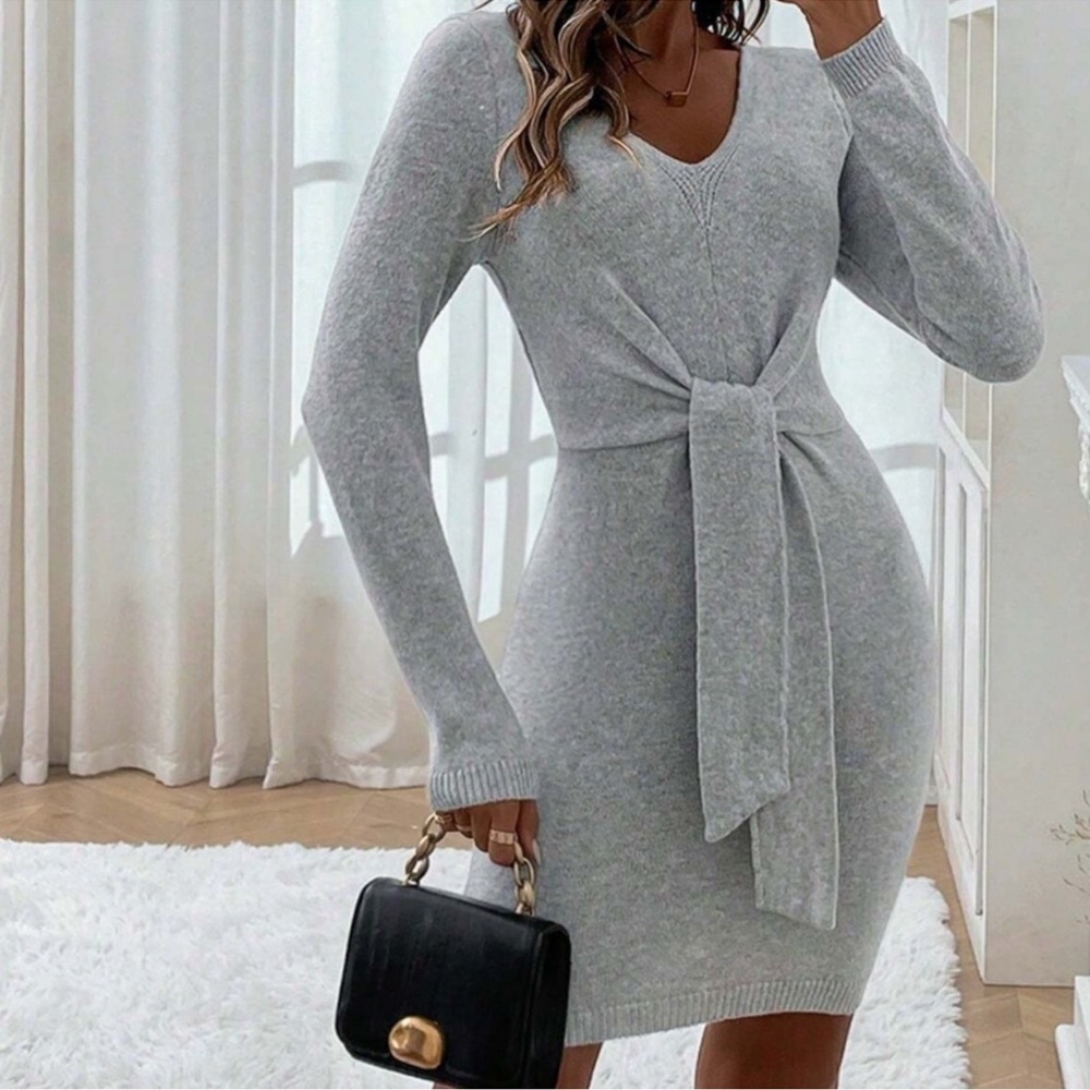 Classic Grey V Neck Front Tie High Waisted Sweater Dress S M L